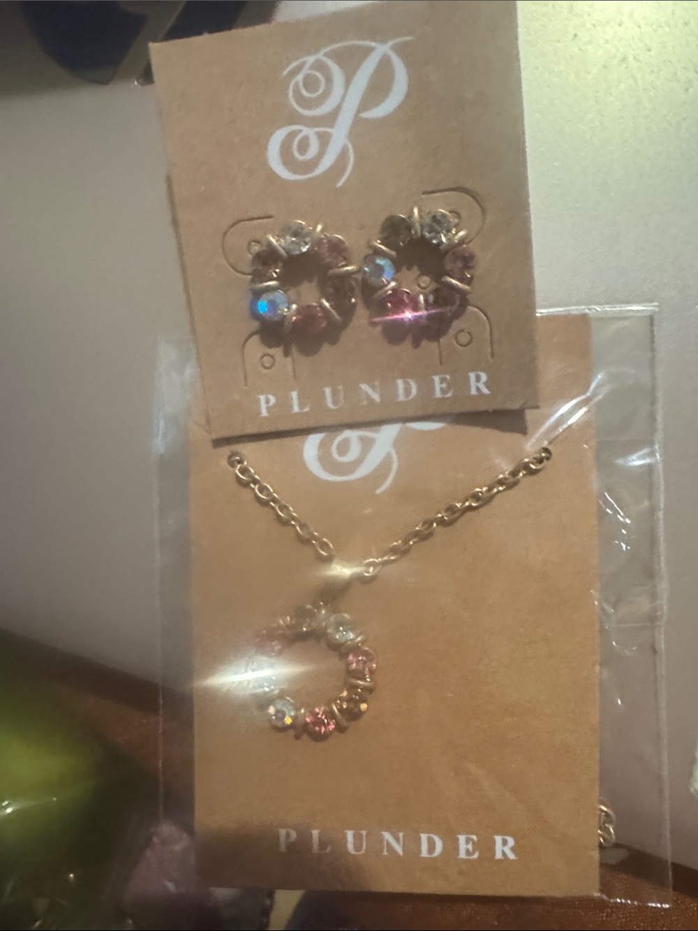Plunder Gold-Tone Necklace and Earring Set with Pink and Clear Crystals